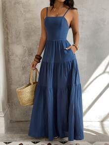 Sunnyshic 女士牛仔超长高开衩连衣裙 - 藍色 - 查看 5