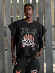 NEON BLANC Men's Casual Loose T-Shirt, Black, Washed Graphic Print - Black - View 2