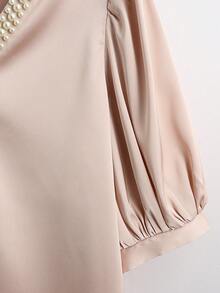 Franclia 女士V领珍珠点缀缎面织锦衬衫，V领衬衫，珍珠点缀衬衫，女士衬衫，夏季服装，休闲户外服装，时尚优雅休闲衬衫，节日风格，派对风格 - 粉色 - 查看 7