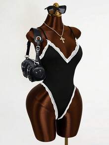 Mistrie Women's Lace Trim Fitted Bodysuit - Black - View 3