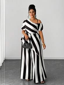 Maweii 大码条纹印花性感不对称肩部两件套 - 黑與白 - 查看 3