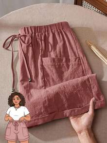 EMERY ROSE Quần short nữ cỡ lớn, màu trơn, cạp chun, kiểu dáng thường ngày, đa năng, có thể mặc hàng ngày. - Gỗ đỏ - Xem 1