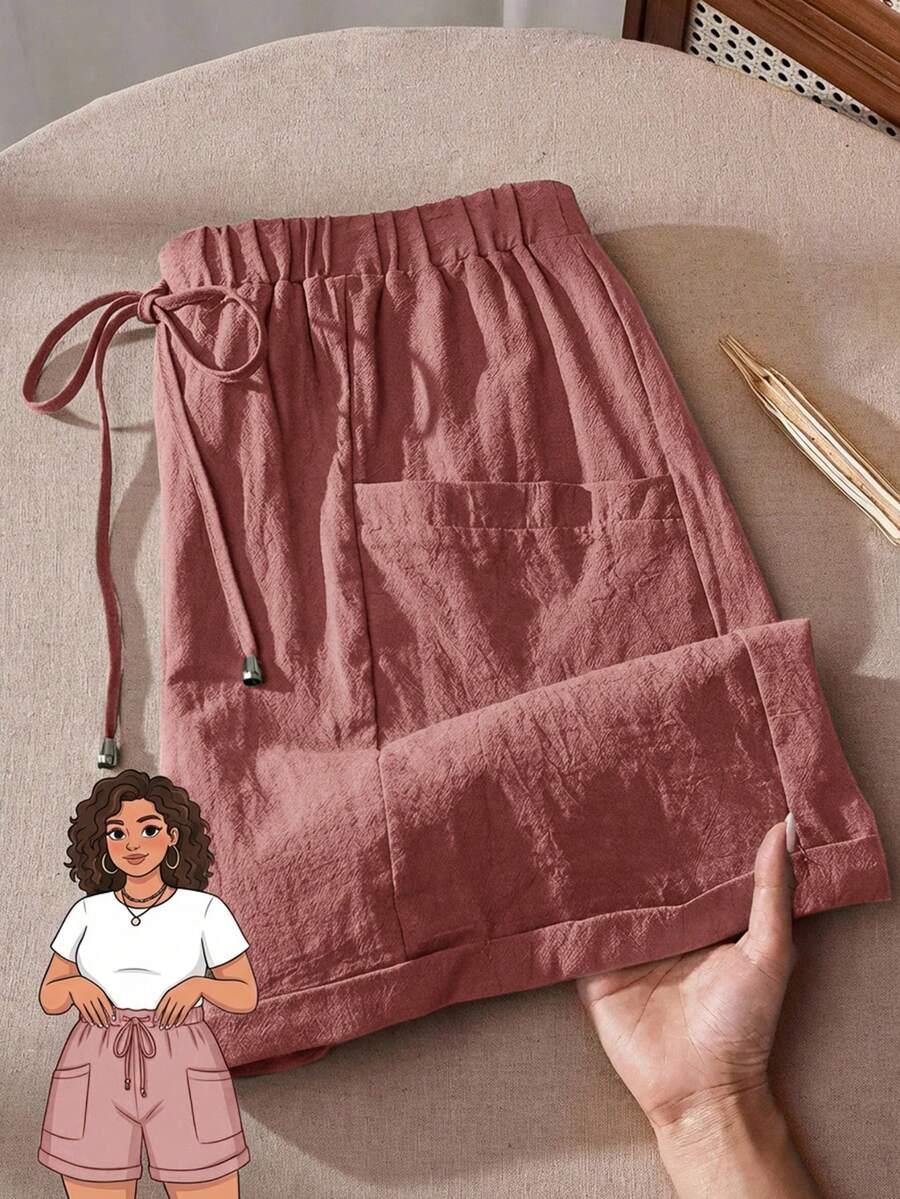 EMERY ROSE Quần short nữ cỡ lớn, màu trơn, cạp chun, kiểu dáng thường ngày, đa năng, có thể mặc hàng ngày. - Gỗ đỏ - Xem 1