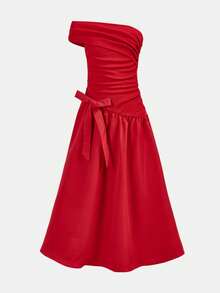 SHEIN Girlism Tween Girls Partywear ,Elegant Pleated Off-Shoulder Long Solid Red,Elegant Asymmetrical Hem Long Slanting Shoulder Dress, RedDress - Red - View 1
