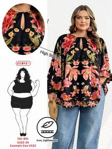 SHEIN CURVE+ Plus Size Vacation Women's Long Sleeved Round Neck Tied Pattern Top, Tropical Pattern Pattern Shirt/2026 /New Year - Multicolor - View 10