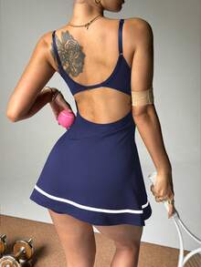 Easithlete Adjustable Strap Contrast Stripe Hem Tankini Set With Shorts, Sporty & Casual Dress For Spring/Summer - Navy Blue - View 5