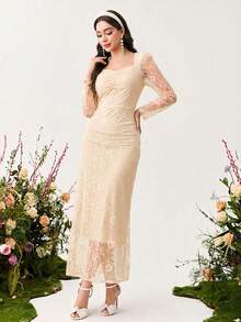 Modelyn Elegantes Damen Bodycon-Kleid mit Spitzeneinsatz, quadratischem Ausschnitt und schlanker Passform, graziöser, damenhafter Stil - Aprikosenfarben - Übersicht 5