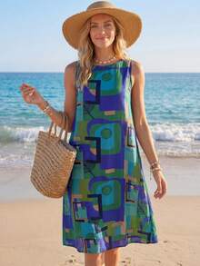 Sylviya 休闲印花无袖圆领A字连衣裙，夏季连衣裙，度假装 - 藍色 - 查看 4