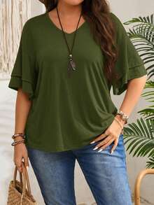EMERY ROSE Plus Size V-Neck Solid Color Casual Versatile Summer Ruffle Sleeve T-Shirt, Summer Tops - Army Green - View 2