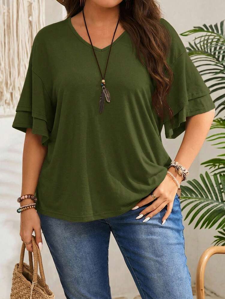 Plus Size V-Neck Solid Color Casual Versatile Summer Ruffle Sleeve T-Shirt, Summer Tops
