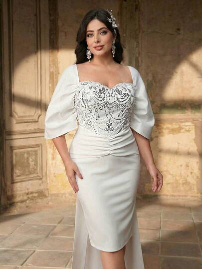 Aureia Vestido de cóctel ajustado de punto de lujo con parches bordados, cuello corazón, lazo decorativo y tela de punto (lazo desmontable) en talla grande y elegante romántico blanco