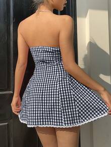 Aloruh Women's Sexy Vintage Red & White Plaid Print Ruched Waist Vacation Mini Dress - Navy Blue - View 2