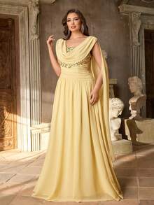 Aureia Đầm chữ A xếp ly bằng chiffon sang trọng, màu vàng kim, cổ bèo nhún, tay loe, cỡ lớn, thích hợp cho đám cưới, tiệc tùng, lễ kỷ niệm, sự kiện trang trọng, dạ hội (Thiết kế đính kết cầu kỳ) - Màu vàng - Xem 5