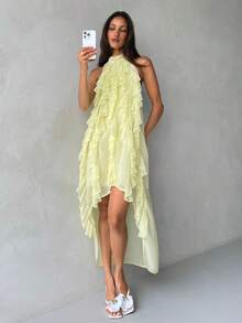 Aloruh 浅黄色荷叶边浪漫无袖不对称中长连衣裙，度假连衣裙 - 淡黃色 - 查看 6