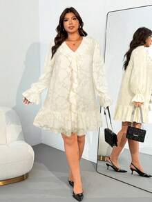 Enliva Valentine Plus Size Women Long Sleeve Loose Dress, Laser Cut Fabric Detail, For Apple Rounded Body Shape - Apricot - View 5