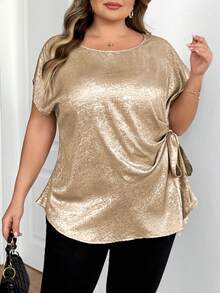 SHEIN CURVE+ 大码女式金属质感圆领蝙蝠袖短袖侧打结优雅上衣 - 金色 - 查看 6