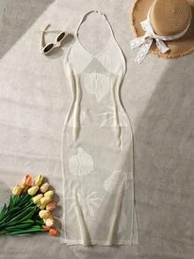 SHEIN Vestido casual de cobertura de vacaciones con escote halter y recortes para niña preadolescente de unicolor - Albaricoque - Ver 1