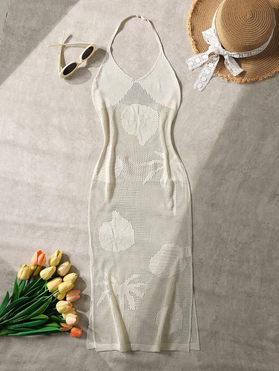 SHEIN Vestido casual de cobertura de vacaciones con escote halter y recortes para niña preadolescente de unicolor - Albaricoque - Ver 1