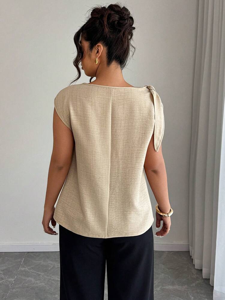 Elenzga Camisa sin mangas de lino y algodón en beige con lazos en los hombros: informal para vacaciones, elegante para usar en la calle, adecuada para la oficina - Blusa talla grande para primavera y verano - Caqui - Añade 2