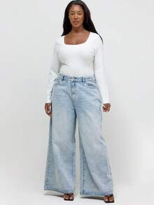 MUSERA 加大码水洗牛仔阔腿牛仔裤，日常休闲宽松街头风，冬季夜间外出及工作场合皆宜。 - 淺色水洗藍 - 查看 2