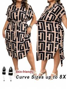 SHEIN CURVE+ 大码女式几何印花V领蝙蝠袖短袖休闲连衣裙/2026/新年 - 咖啡棕 - 查看 1