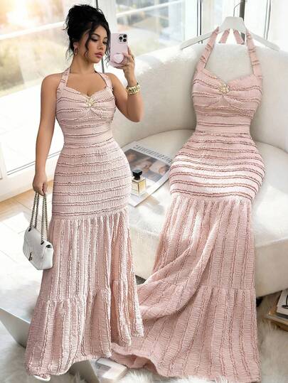 Elenzga مجموعة قطعتين للنساء تتكون من قميص كامي ذو رقبة حلقة معدنية وتنورة متوسطة الطول بخصر مربوط، مصنوعة من الجاكار المحبوك، موديل جديد لربيع/صيف 2026 أنيق للعطلات