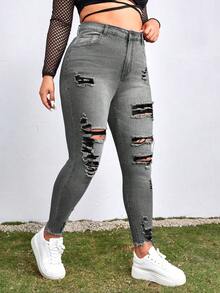 SHEIN ICON Plus Size Women Casual Everyday Wear Distressed Pocket Button Design Denim Jeans - Dark Grey - View 4