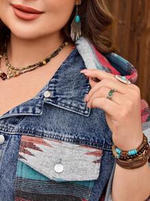 EMERY ROSE Plus Size Women Casual Comfortable Mid-Blue Inelastic Denim Patchwork Jacket - Medium Wash - View 8