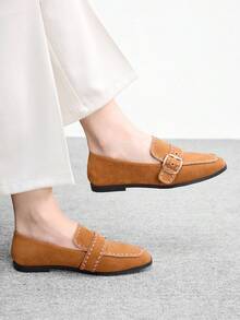 CUCCOO BIZCHIC 女士春秋时尚休闲厚底乐福鞋，复古学院风帆布搭扣交叉装饰，闭趾高帮小厚跟舒适通勤办公商务鞋 - 駝色 - 查看 5