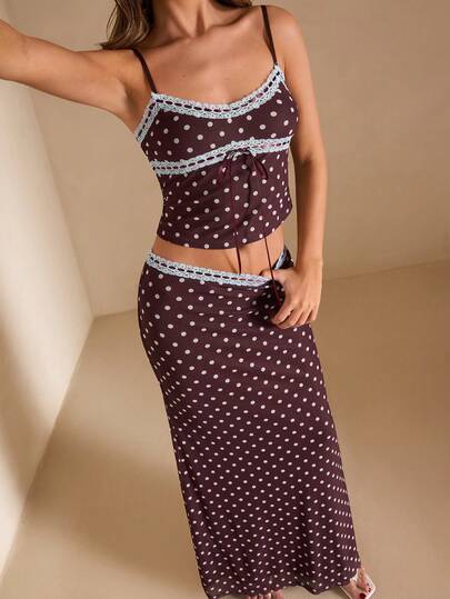 SHEIN BAE Spring/Summer Polka Dot Contrast Color Lace Trim Camisole & Mid/Low Waist Polka Dot Mermaid Skirt, Polka Dot 2 Pieces Set, Elegant 2 Pieces Outfit