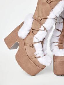 ROMWE 女士秋冬新款高性价比长靴，圆头粗跟超高跟朋克性感毛绒靴，厚底高跟长靴 - 卡其色 - 查看 2