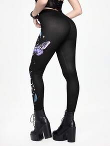 ROMWE Vacation Outfit Gothic Mysterious Moth Print Tight Leggings For Women - Black - View 3