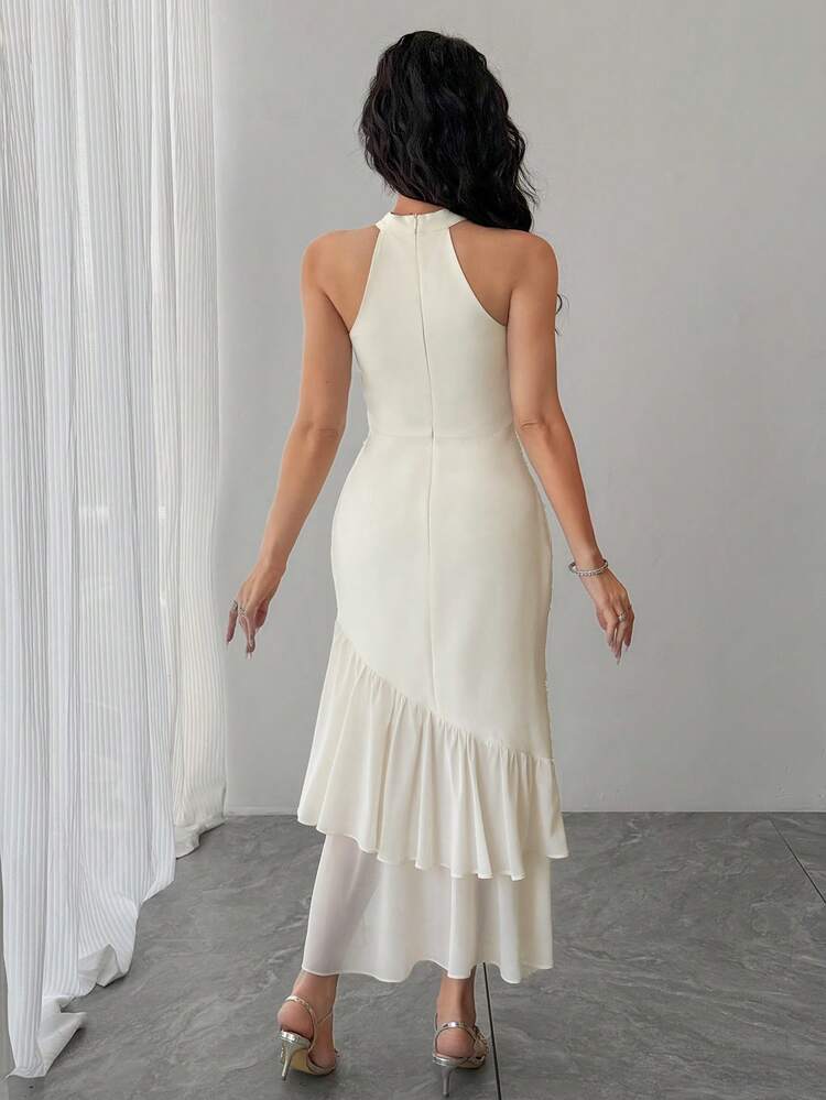 Women's Elegant Floral Textured Ruffle Trim Sleeveless Dress, Summer Wedding Guest Dress Sundress Cocktail Dress