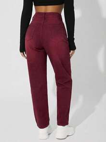 SHEIN PETITE Quần jeans nữ ống đứng, túi xéo, kiểu dáng thường ngày, chất liệu denim mài, thích hợp mặc hàng ngày. - Màu Đỏ Sâu - Xem 5