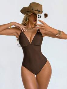 Shapewave 1pc Women's One-Piece Tummy Control Backless Swimsuit With Push-Up Bra And Tie-Up Design, Brown With Natural Buckle, Suitable For Beach & Resort - Brown - View 7