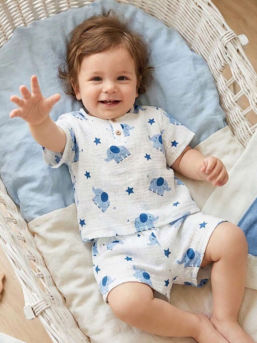 Vintaside Kids 2件套男婴可爱西瓜印花短袖T恤和短裤套装 - 藍色 - 查看 1