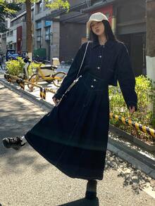 FRIFUL 女士落肩长袖单排扣外套和牛仔裙休闲套装 - 藍色 - 查看 6