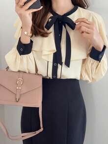 FRIFUL Women's Round Neck Ruffle Collar Contrast Trim Tie Front Long Sleeve Poncho Blouse, Suitable From Spring To Summer - White - View 7