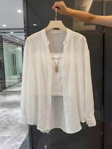 EMERY ROSE 2026新款女士宽松半透明白色长袖衬衫，小V领，褶皱细节，褶皱面料，休闲办公通勤简约学院风衬衫 - 白色 - 查看 6