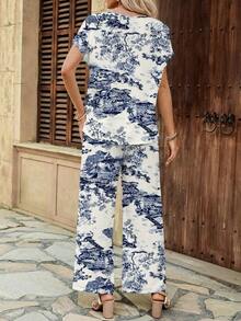 EMERY ROSE 两件套女士休闲宽松圆领上衣和裤子，百搭套装，适合春秋季女士度假穿着，夏季裤装套装，女士度假套装，女士度假连体裤，女士优雅连衣裙，女士休闲度假套装 - 彩色 - 查看 7