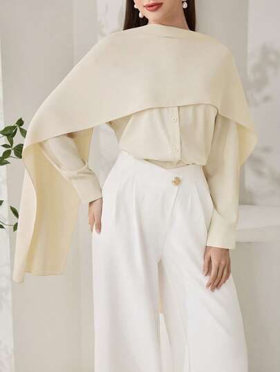 Veilorie Women's Elegant Solid Color Shawl Collar Blouse