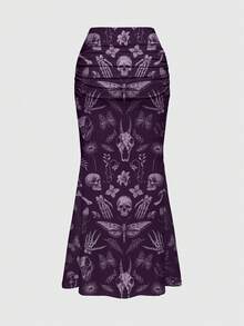 ROMWE Chân váy ôm sát dáng đuôi cá xếp ly, họa tiết rừng rậm huyền bí Gothic, với họa tiết cây cối, hoa lá, đầu lâu, bướm đêm, nấm, mặt trời, mặt trăng, sao và lá cây dành cho nữ. - Màu tím - Xem 2