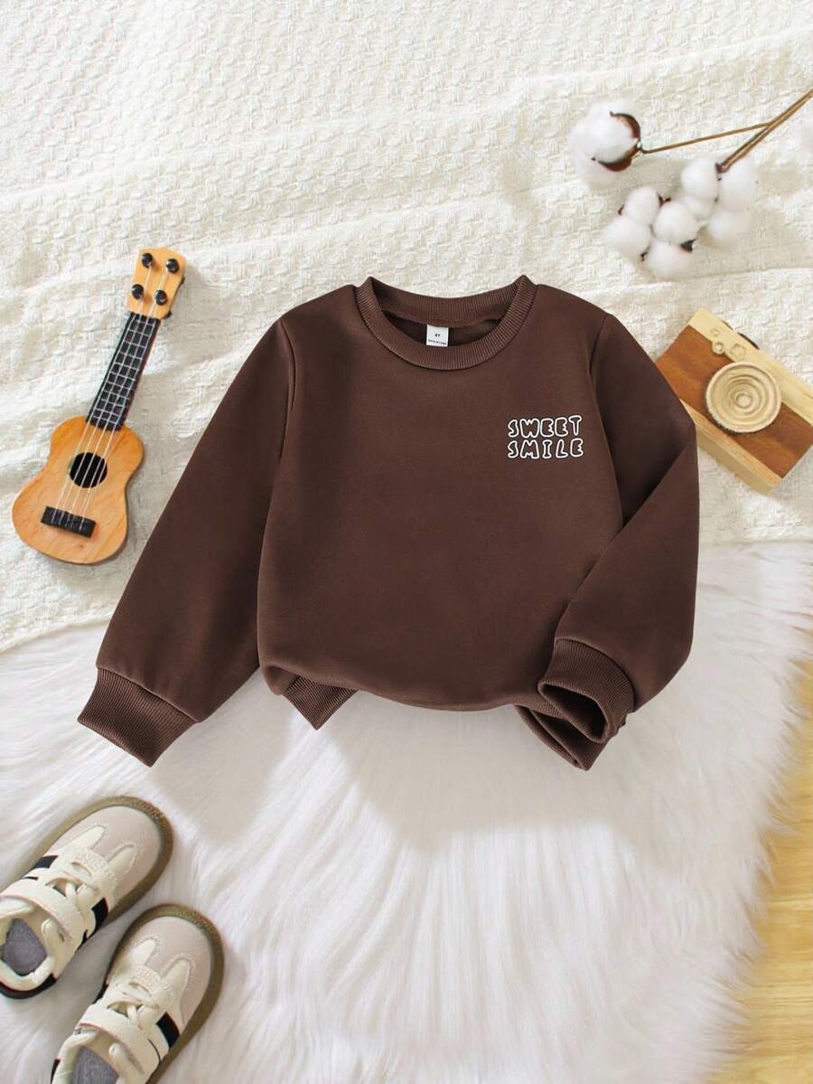 Genkimix Kids 1件女童长袖甜美笑脸印花休闲卫衣，春秋季 - 棕色 - 查看 1
