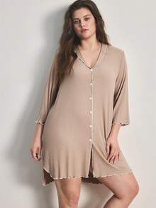 Ocili Áo ngủ cỡ lớn, chất liệu gân, thoải mái, cổ bèo nhún, cài nút. - Màu Khaki - Xem 2