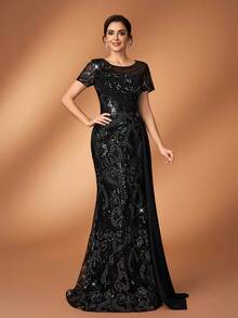 优雅奢华的珍珠串珠刺绣蕾丝拼接弹力亮片薄纱袖美人鱼连衣裙，适合婚礼、派对、度假、舞会、节日、新娘、新娘母亲、晚礼服等场合。 - 黑色 - 查看 5