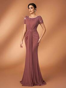 Serin 优雅奢华亮片水钻网纱拼接弹力金属纱针织美人鱼裙摆连衣裙，适合婚礼、派对、度假、舞会、新娘母亲晚礼服 - 鏽棕色 - 查看 4