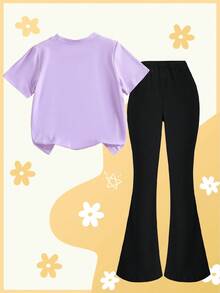 2pcs/Set Young Girls Casual Virtual Girl Group Colorful Plaid Pentagram Butterfly Letter Print Short Sleeve T-Shirt And Black Flare Pants Set, Suitable For Daily Wear - White - View 2