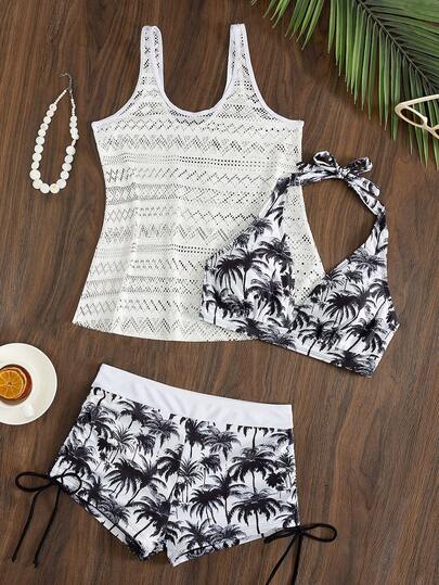 Swim Lushoire 深V椰树印花短裤，搭配镂空针织罩衫和吊带露脐比基尼三件套，女士沙滩装，假日，新年