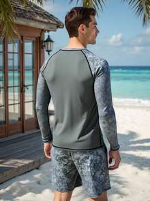 Manfinity VDAYZ 男士印花圆领长袖防晒衣和抽绳腰泳裤套装 - 灰色 - 查看 2