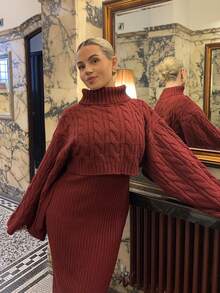 Bethéva 2pcs Women's Casual Knitted Sweater Top And Long Skirt Set, Loose Fit Turtleneck Long Sleeve Crop Top And Skirt, Autumn/Winter - Red - View 5